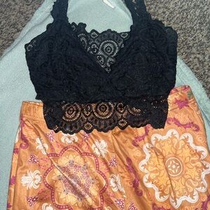 Black Lace Bralette and Orange Pants Set